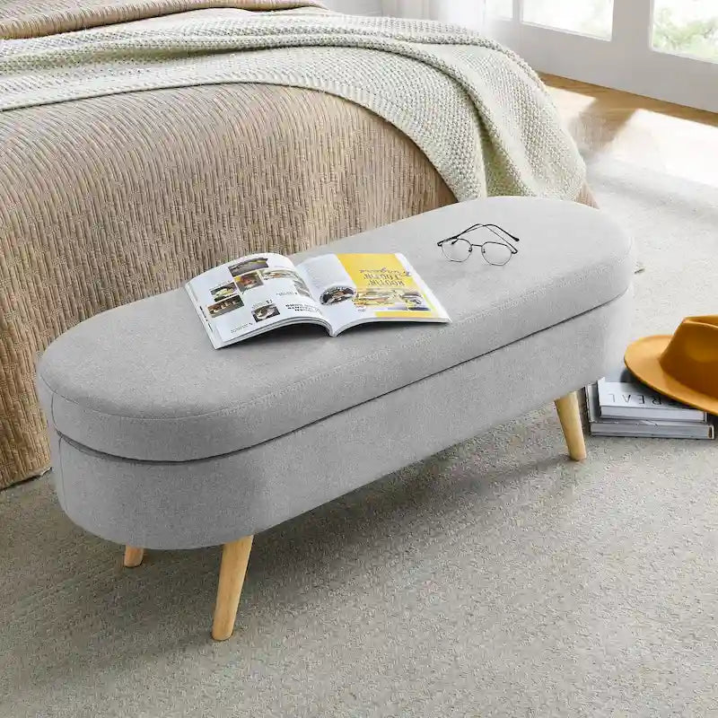 Banc de rangement ottoman ovale pieds en bois d'hévéa – 43,5Lxl16xH16 po
