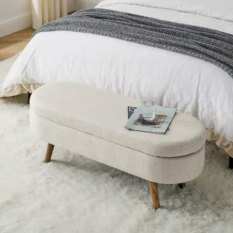 Banc de rangement ottoman ovale pieds en bois d'hévéa – 43,5Lxl16xH16 po