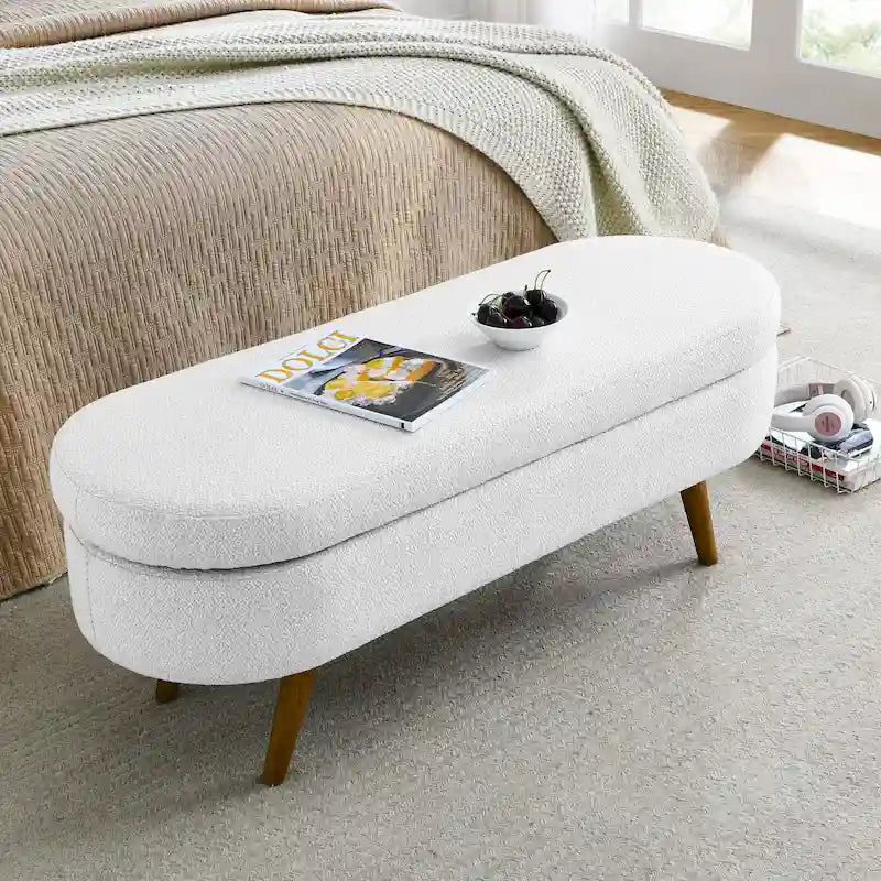 Banc de rangement ottoman ovale pieds en bois d'hévéa – 43,5Lxl16xH16 po