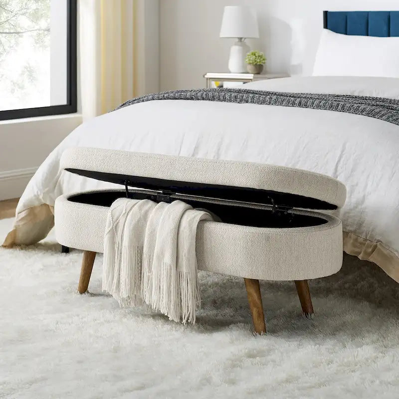 Banc de rangement ottoman ovale pieds en bois d'hévéa – 43,5Lxl16xH16 po