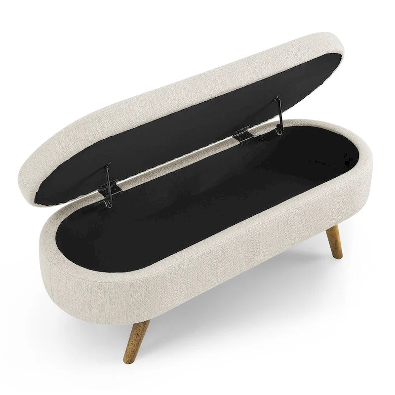 Banc de rangement ottoman ovale pieds en bois d'hévéa – 43,5Lxl16xH16 po
