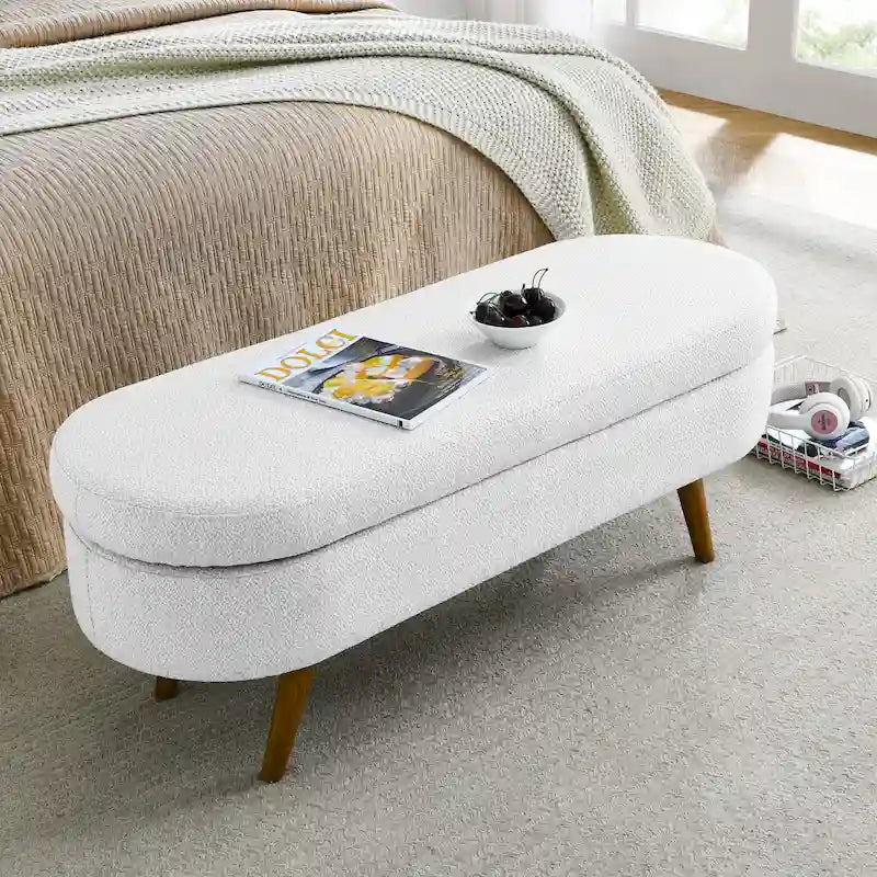 Banc de rangement ottoman ovale pieds en bois d'hévéa – 43,5Lxl16xH16 po