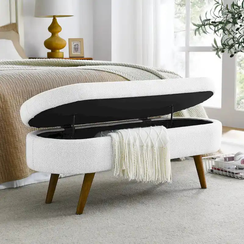 Banc de rangement ottoman ovale pieds en bois d'hévéa – 43,5Lxl16xH16 po