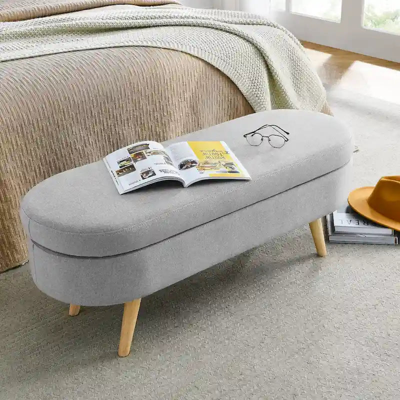 Banc de rangement ottoman ovale pieds en bois d'hévéa – 43,5Lxl16xH16 po