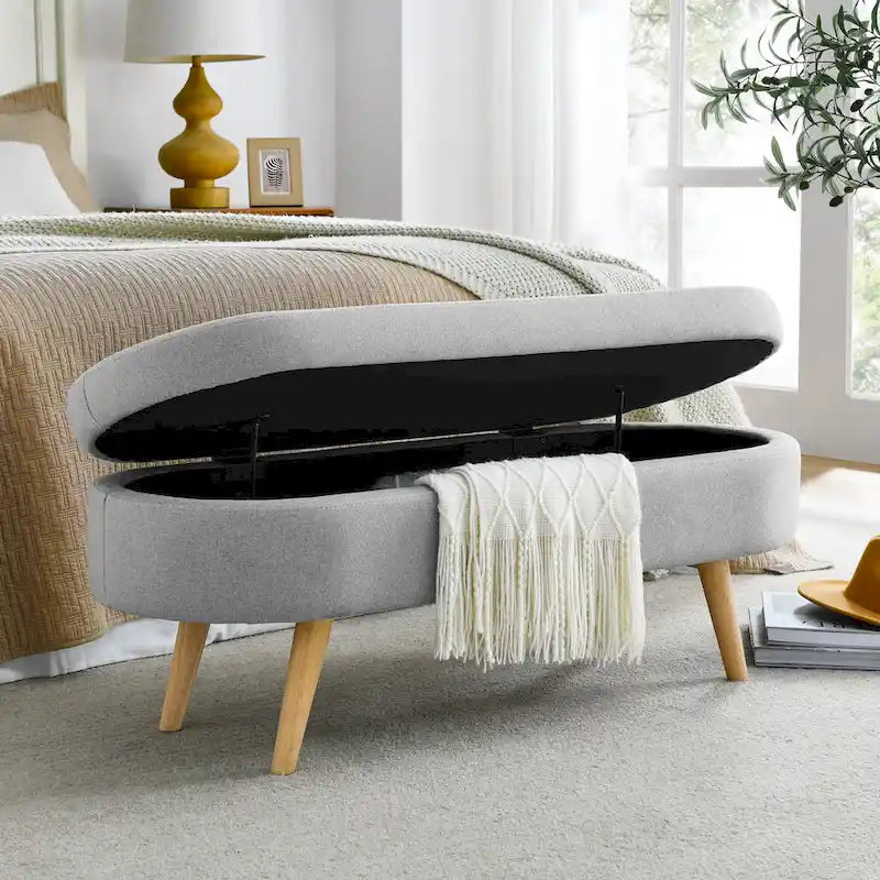 Banc de rangement ottoman ovale pieds en bois d'hévéa – 43,5Lxl16xH16 po