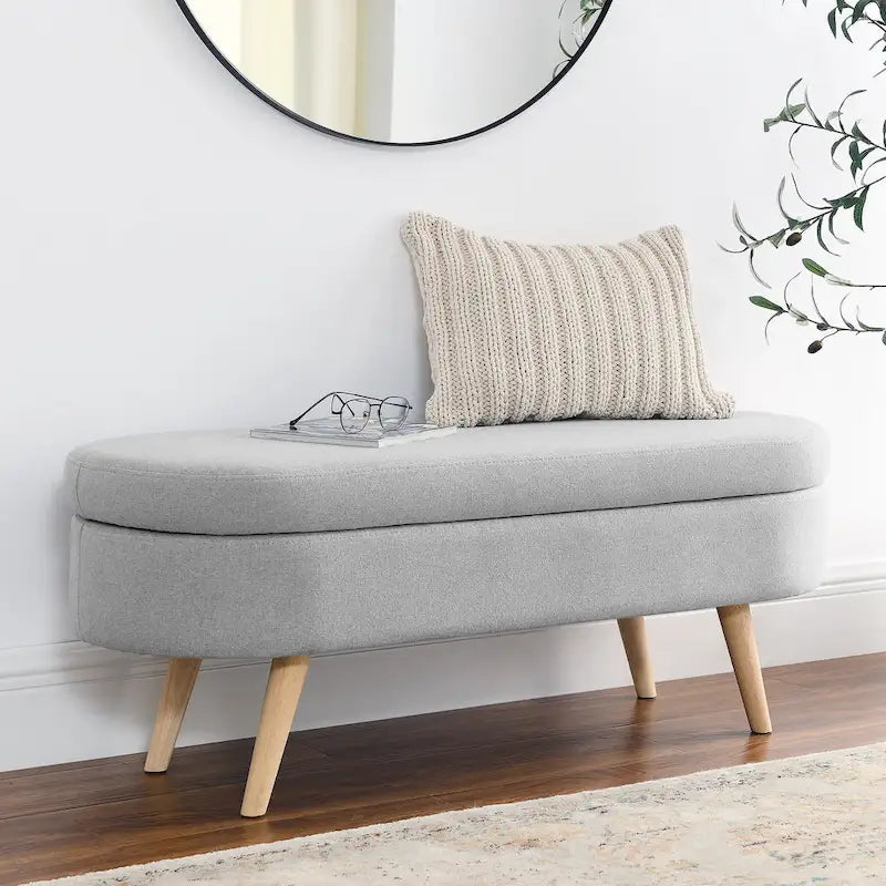 Banc de rangement ottoman ovale pieds en bois d'hévéa – 43,5Lxl16xH16 po