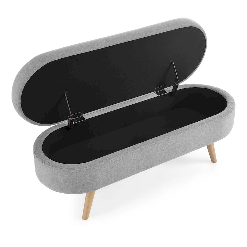 Banc de rangement ottoman ovale pieds en bois d'hévéa – 43,5Lxl16xH16 po