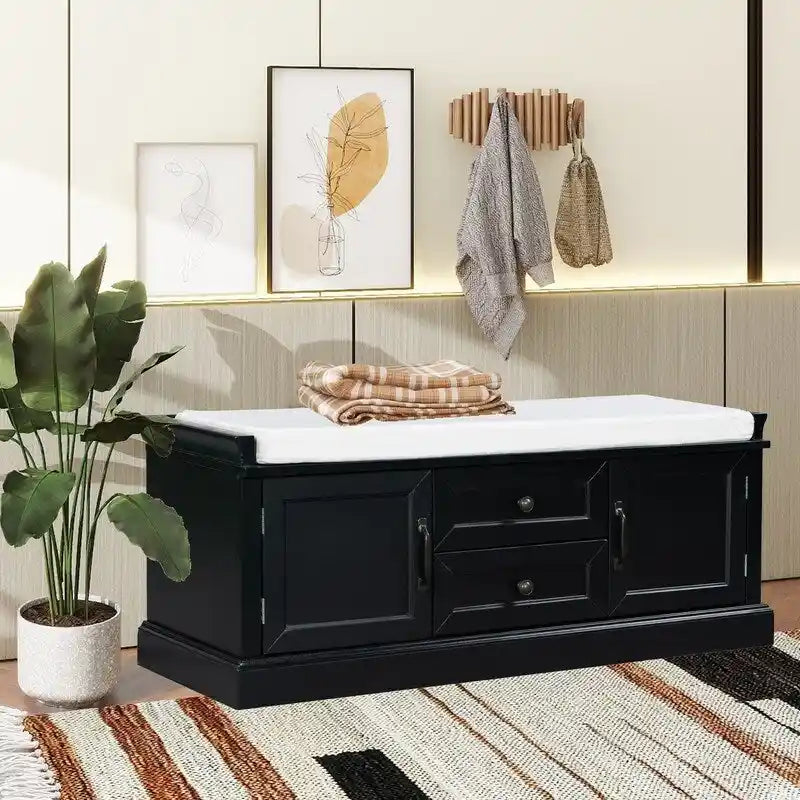 Tabouret à chaussures, 2 tiroirs, 2 coussins amovibles, casier de salon, entrée