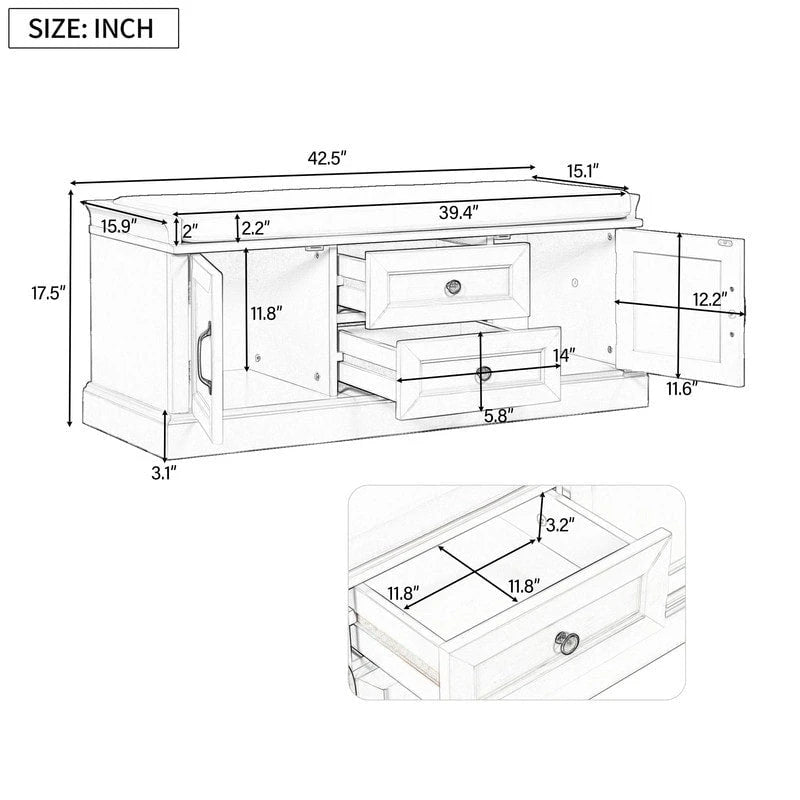 Tabouret à chaussures, 2 tiroirs, 2 coussins amovibles, casier de salon, entrée