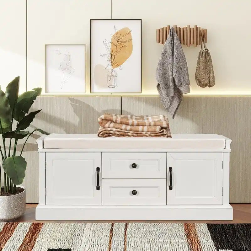 Tabouret à chaussures, 2 tiroirs, 2 coussins amovibles, casier de salon, entrée