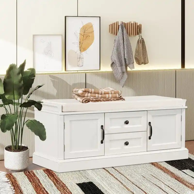 Tabouret à chaussures, 2 tiroirs, 2 coussins amovibles, casier de salon, entrée