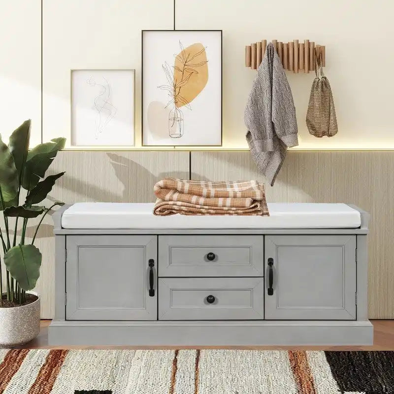 Tabouret à chaussures, 2 tiroirs, 2 coussins amovibles, casier de salon, entrée