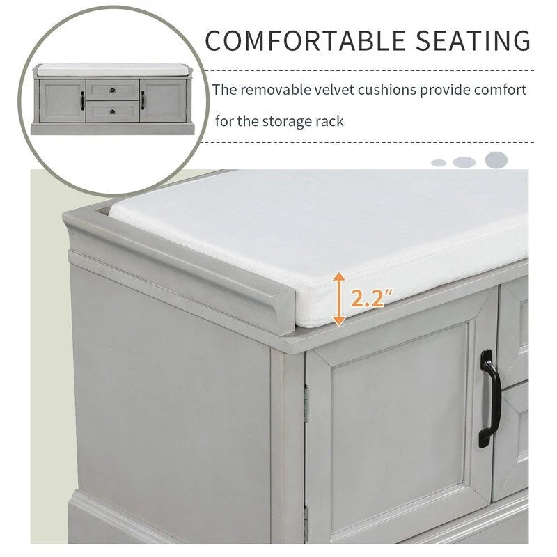 Tabouret à chaussures, 2 tiroirs, 2 coussins amovibles, casier de salon, entrée