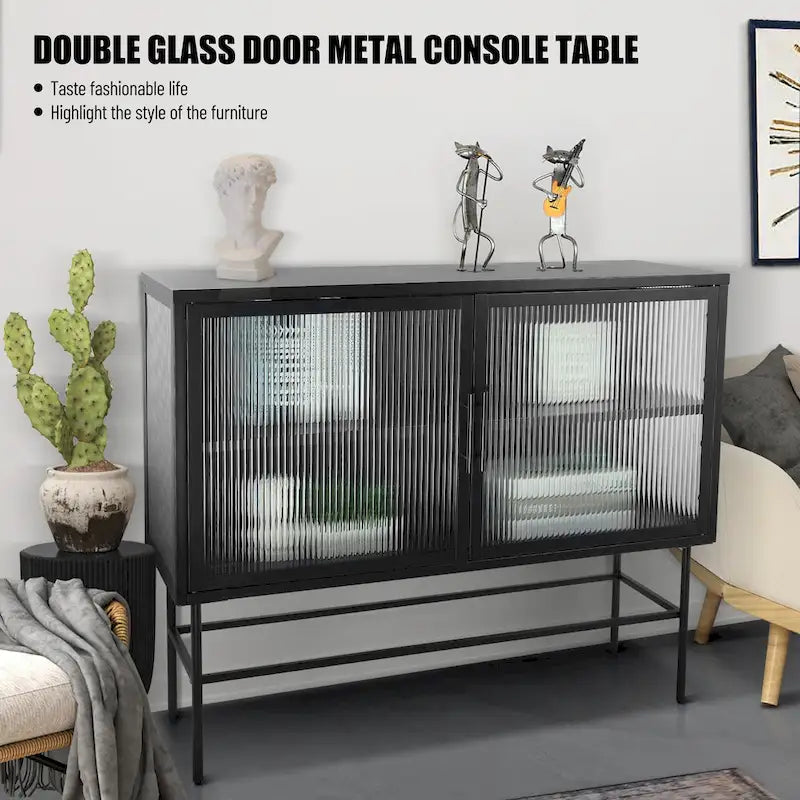 Meuble de rangement à portes en verre trempé double avec étagère réglable