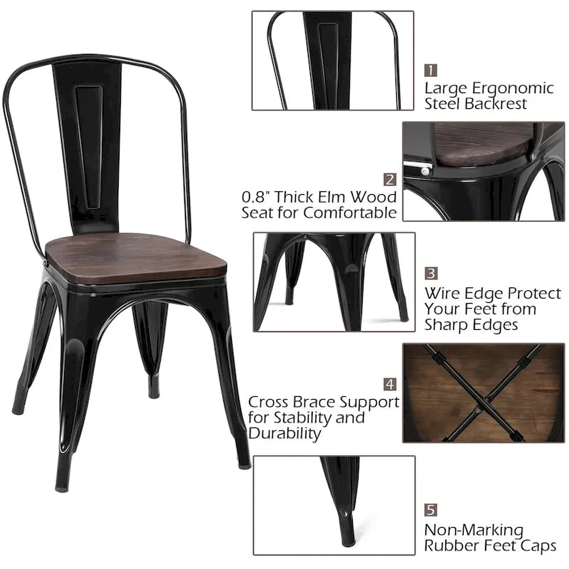 Chaise empilable de bistrot/café avec structure en métal et assise en bois - Voir les descriptions