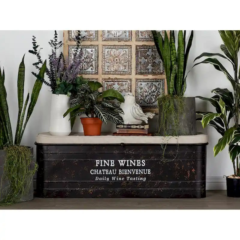 Banc de rangement en métal avec plateau en toile de jute crème et typographie champagne - Marron - Roche River Decor - 40,6 cm L x 121,9 cm P x 43,2 cm H