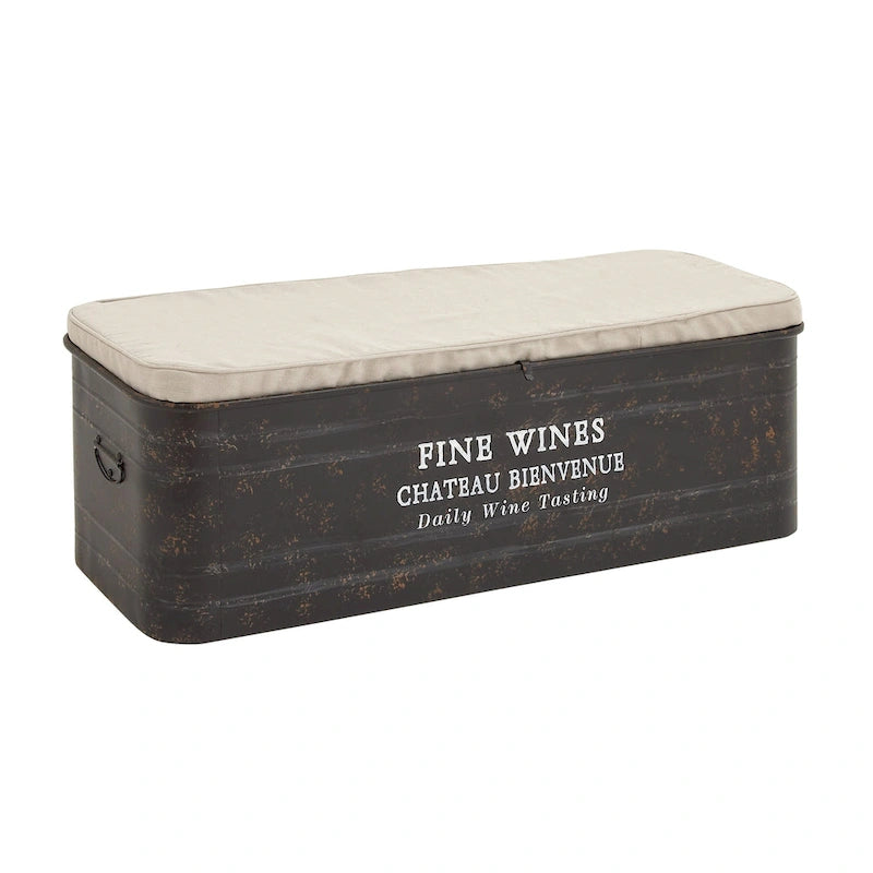 Banc de rangement en métal avec plateau en toile de jute crème et typographie champagne - Marron - Roche River Decor - 40,6 cm L x 121,9 cm P x 43,2 cm H