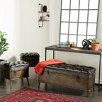 Banc de rangement en métal patiné avec similicuir capitonné noir - Lot de 3 marron - Roche River Decor - 16L x 48P x 21H