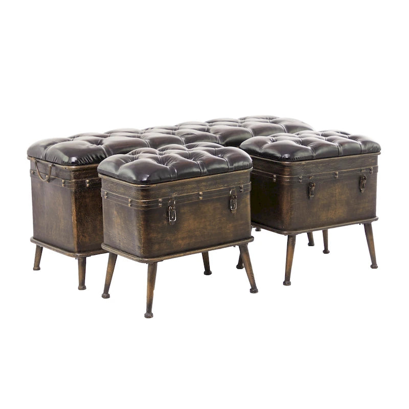 Banc de rangement en métal patiné avec similicuir capitonné noir - Lot de 3 marron - Roche River Decor - 16L x 48P x 21H