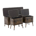 Banc de rangement en métal patiné avec similicuir capitonné noir - Lot de 3 marron - Roche River Decor - 16L x 48P x 21H