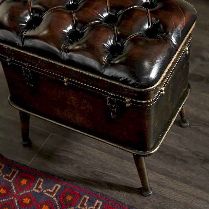 Banc de rangement en métal patiné avec similicuir capitonné noir - Lot de 3 marron - Roche River Decor - 16L x 48P x 21H