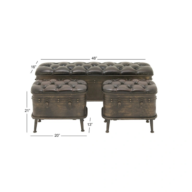 Banc de rangement en métal patiné avec similicuir capitonné noir - Lot de 3 marron - Roche River Decor - 16L x 48P x 21H