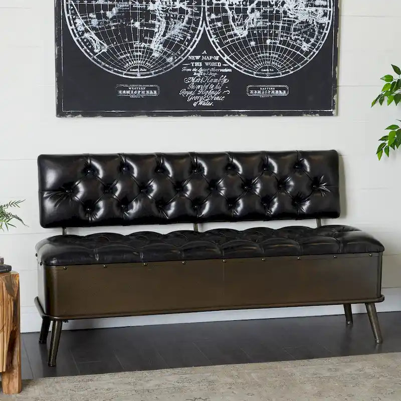 Banc de rangement en métal avec similicuir capitonné - Noir - Roche River Decor - 19L x 54P x 31H