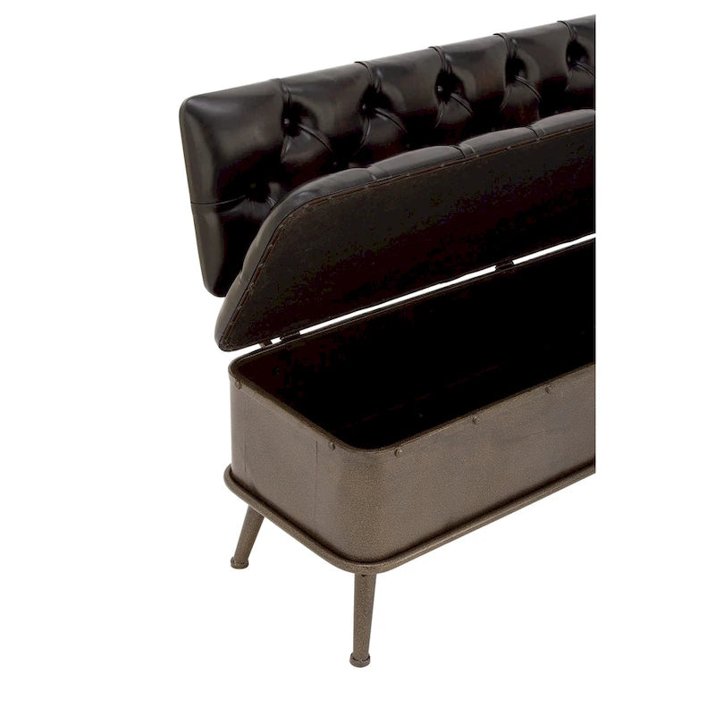 Banc de rangement en métal avec similicuir capitonné - Noir - Roche River Decor - 19L x 54P x 31H