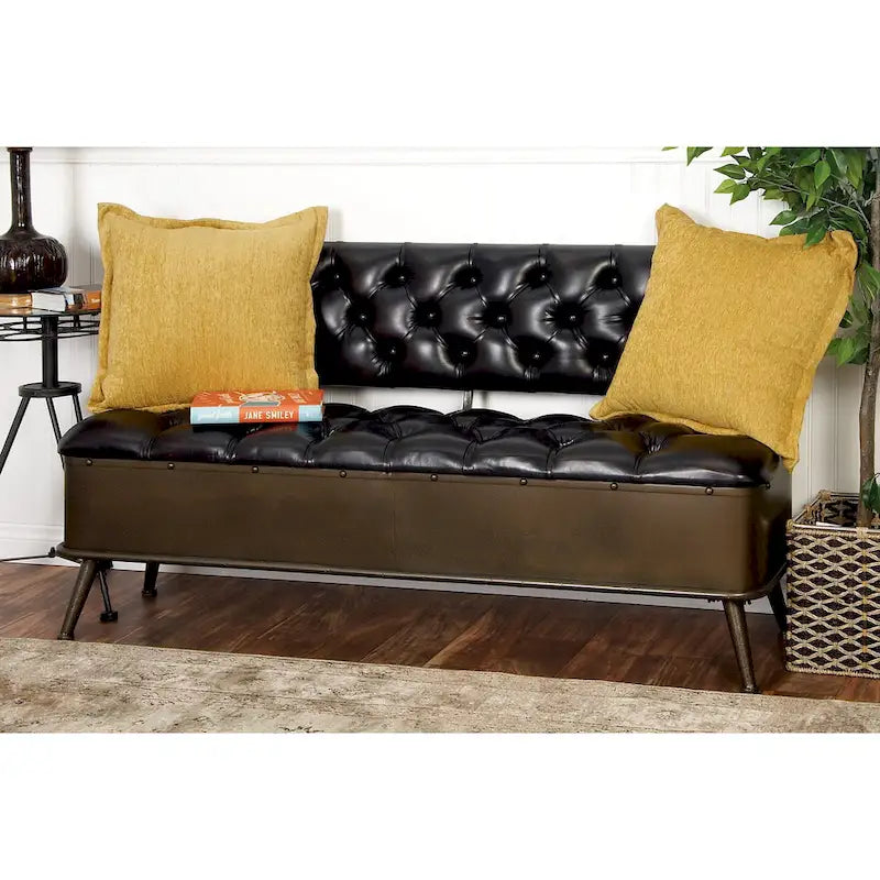 Banc de rangement en métal avec similicuir capitonné - Noir - Roche River Decor - 19L x 54P x 31H