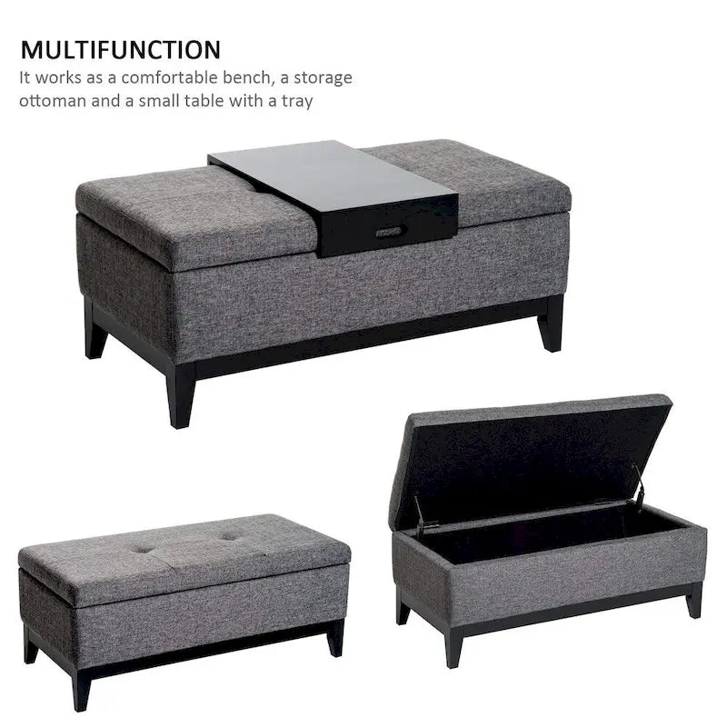 HomCom Banc de rangement ottoman rectangulaire 42" en tissu de lin avec plateau - Gris