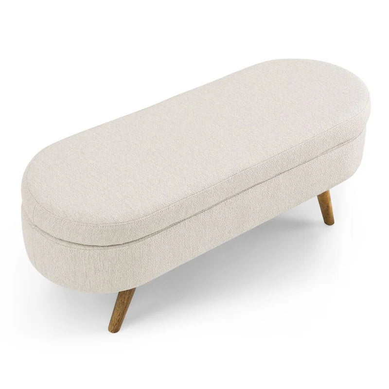Banc de rangement ottoman ovale avec pieds en bois d'hévéa beige