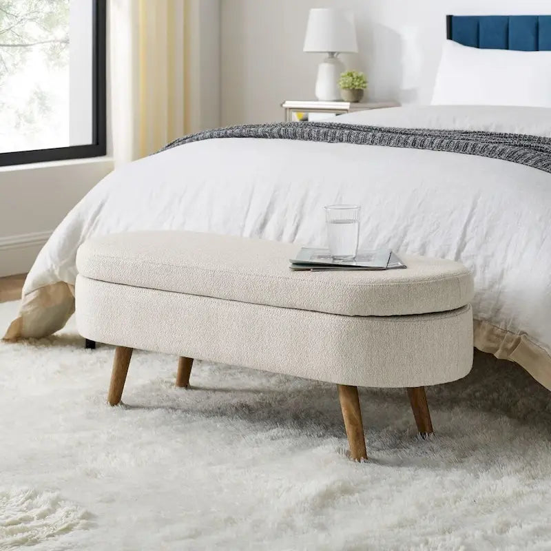 Banc de rangement ottoman ovale avec pieds en bois d'hévéa beige