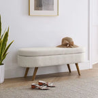 Banc de rangement ottoman ovale avec pieds en bois d'hévéa beige