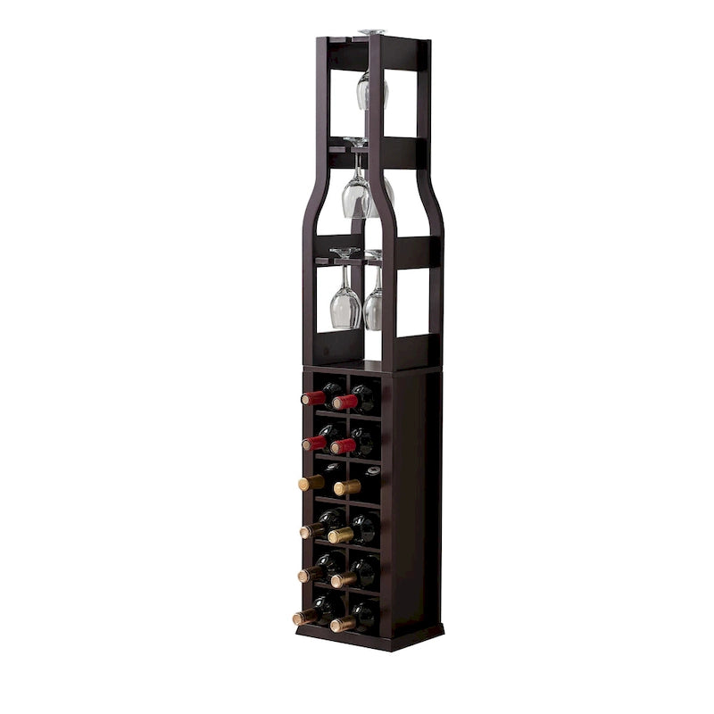 Porte-bouteilles sur pied – Étagère de rangement pour 12 bouteilles avec porte-verres à vin, cerisier