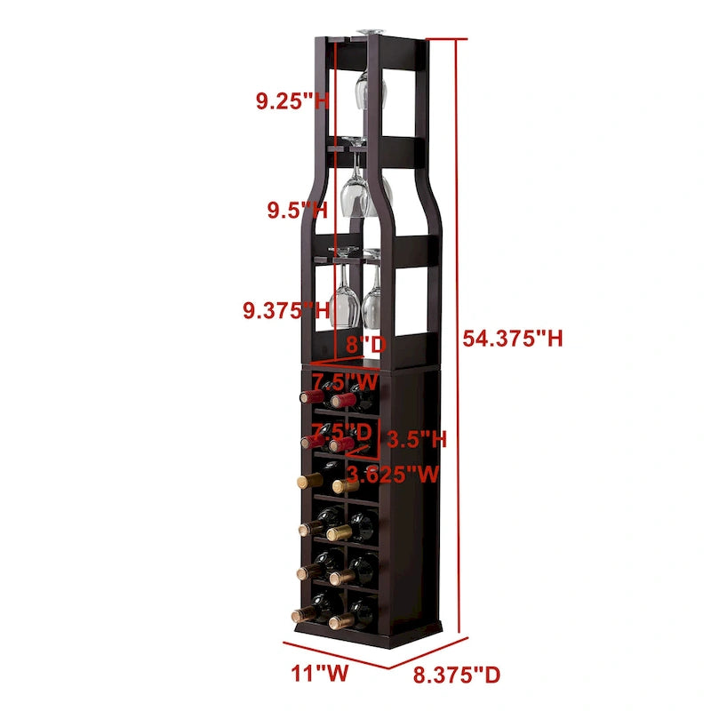 Porte-bouteilles sur pied – Étagère de rangement pour 12 bouteilles avec porte-verres à vin, cerisier