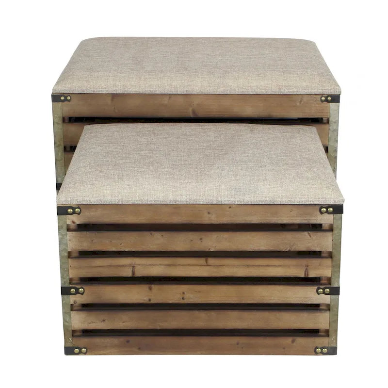 HomeRoots Lot de deux bancs de rangement marron en bois à lattes et rembourrés avec plateau rabattable – 23,7 L x 14 P x 17,5 H