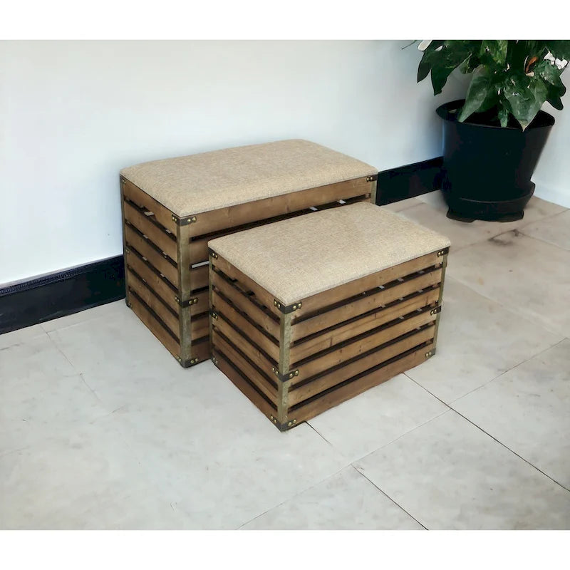 HomeRoots Lot de deux bancs de rangement marron en bois à lattes et rembourrés avec plateau rabattable – 23,7 L x 14 P x 17,5 H