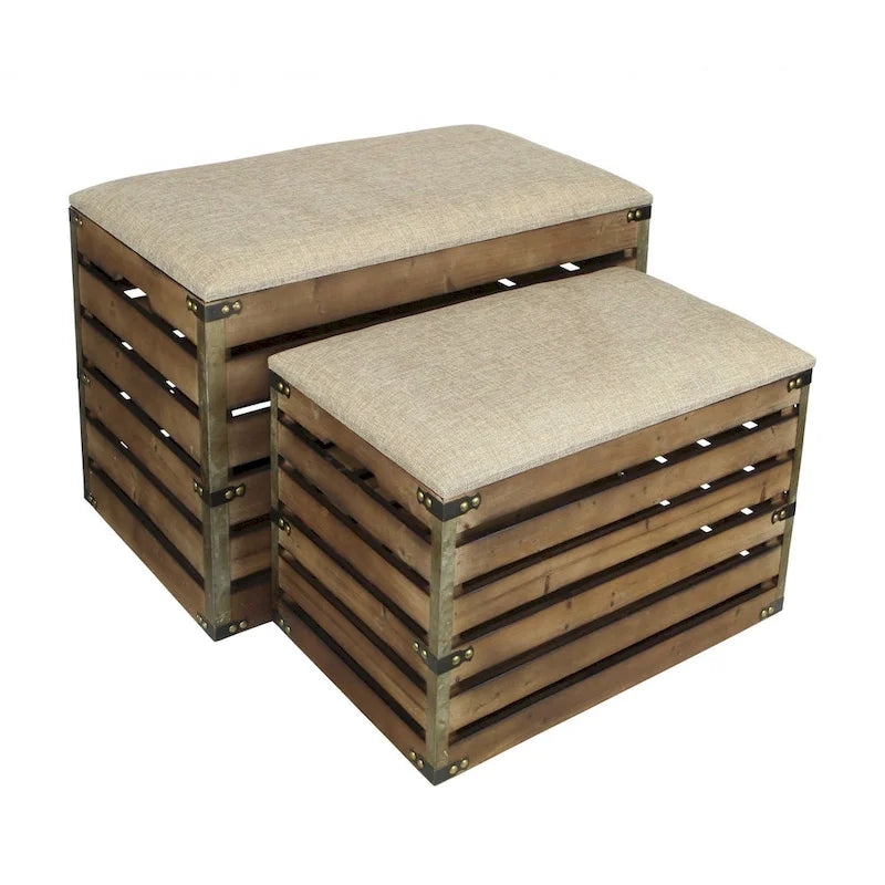 HomeRoots Lot de deux bancs de rangement marron en bois à lattes et rembourrés avec plateau rabattable – 23,7 L x 14 P x 17,5 H