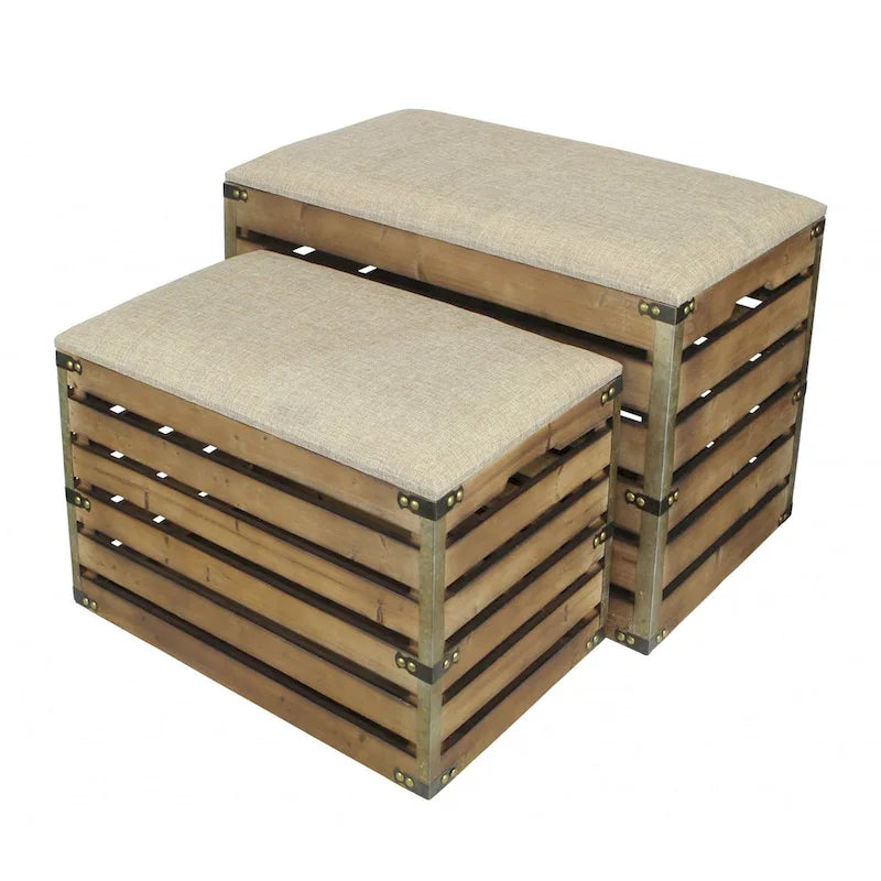 HomeRoots Lot de deux bancs de rangement marron en bois à lattes et rembourrés avec plateau rabattable – 23,7 L x 14 P x 17,5 H