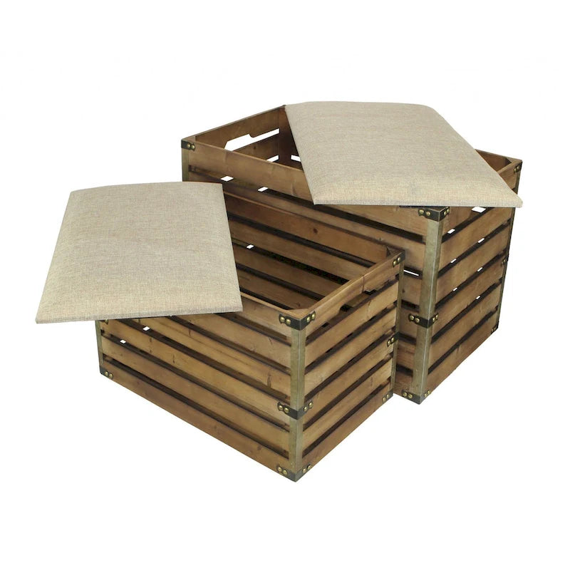 HomeRoots Lot de deux bancs de rangement marron en bois à lattes et rembourrés avec plateau rabattable – 23,7 L x 14 P x 17,5 H