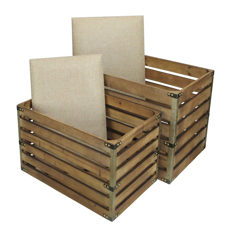 HomeRoots Lot de deux bancs de rangement marron en bois à lattes et rembourrés avec plateau rabattable – 23,7 L x 14 P x 17,5 H