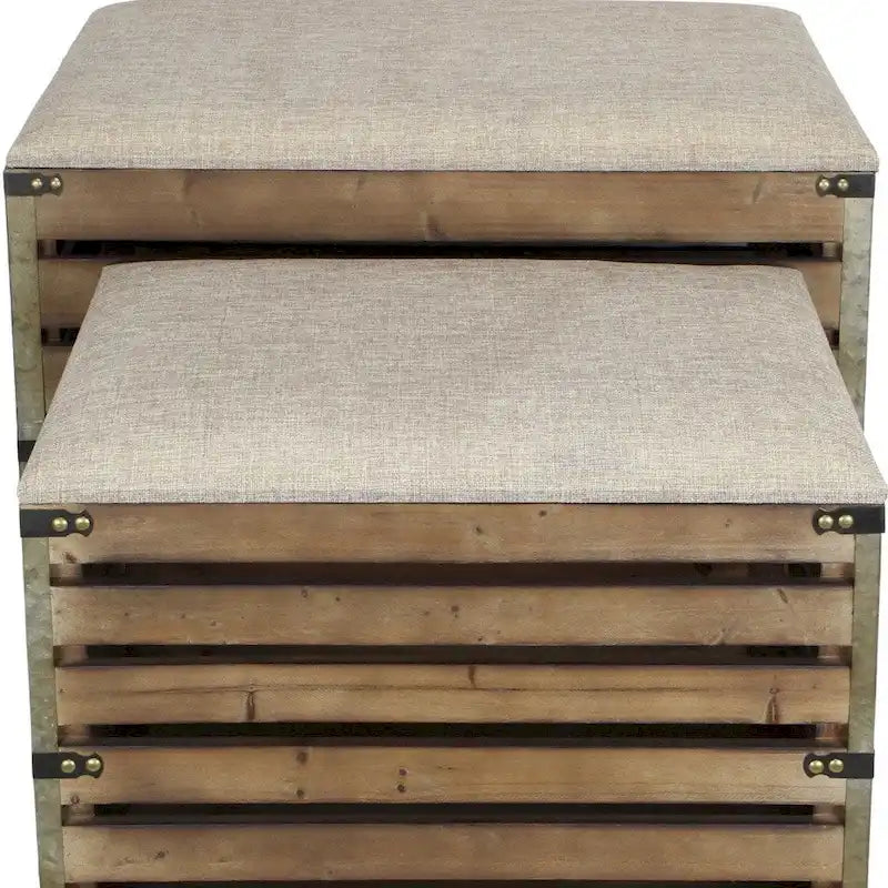HomeRoots Lot de deux bancs de rangement marron en bois à lattes et rembourrés avec plateau rabattable – 23,7 L x 14 P x 17,5 H