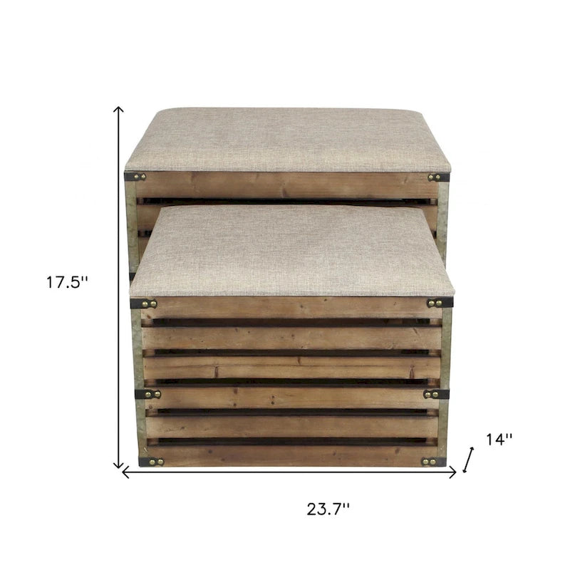 HomeRoots Lot de deux bancs de rangement marron en bois à lattes et rembourrés avec plateau rabattable – 23,7 L x 14 P x 17,5 H