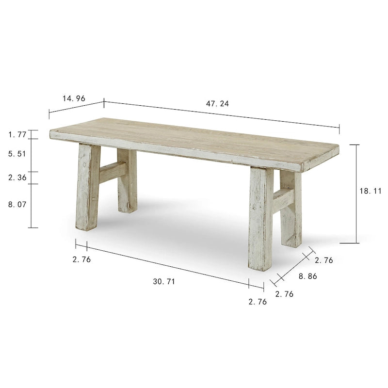 Banc Artissance petit Amalfi en vieux pin, 119 cm de long, finition blanc cassé antique