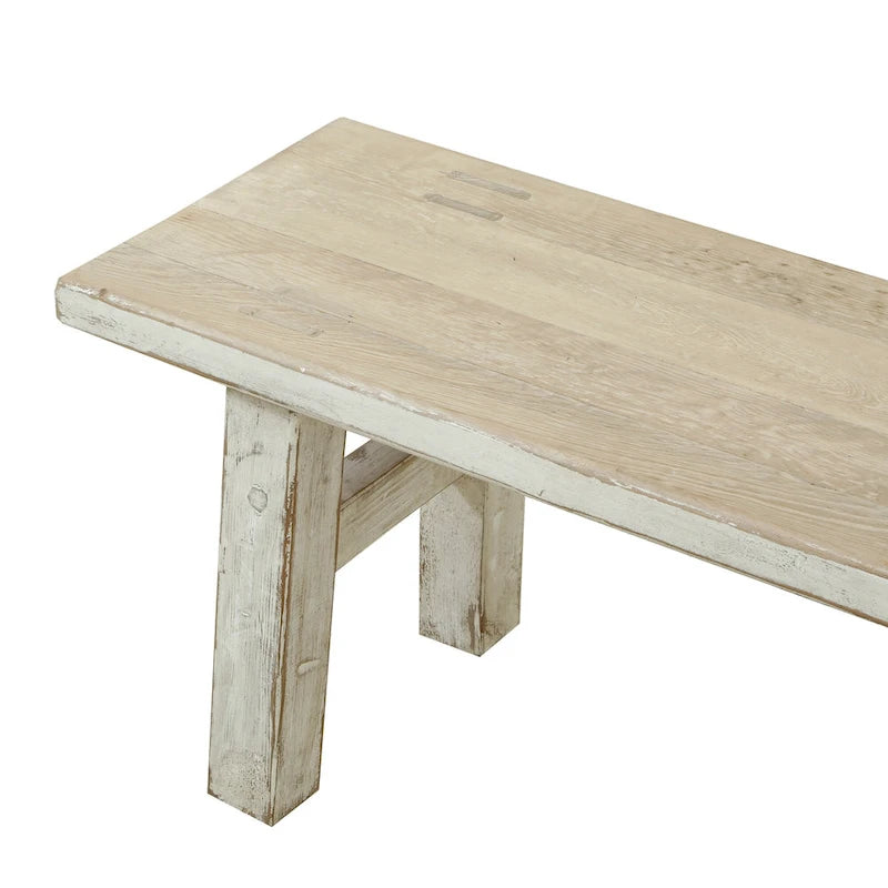 Banc Artissance petit Amalfi en vieux pin, 119 cm de long, finition blanc cassé antique