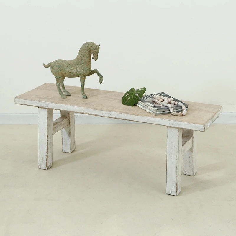 Banc Artissance petit Amalfi en vieux pin, 119 cm de long, finition blanc cassé antique