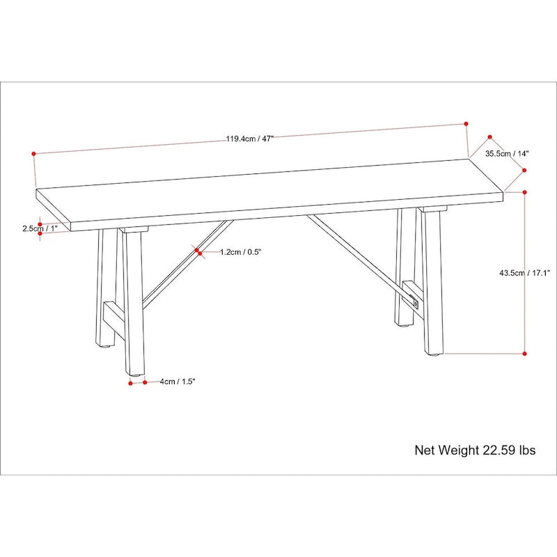 WYNDENHALL Jake Banc industriel contemporain en bois de manguier massif de 120 cm de large, couleur naturelle - 35,5 P x 120 l x 43 H