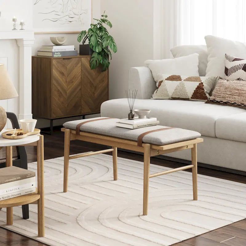 Banc Nathan James Gugan mi-siècle marron clair avec coussin amovible ivoire pour chambre et couloir