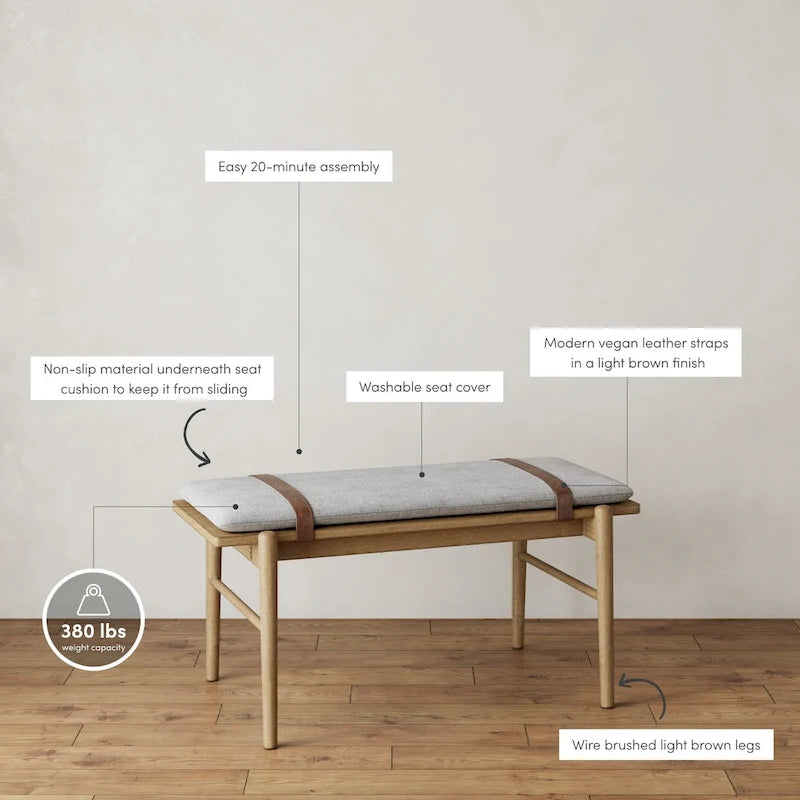 Banc Nathan James Gugan mi-siècle marron clair avec coussin amovible ivoire pour chambre et couloir
