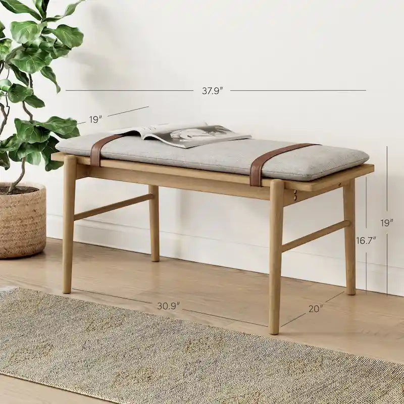 Banc Nathan James Gugan mi-siècle marron clair avec coussin amovible ivoire pour chambre et couloir